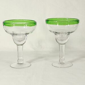 Set of 2 Heavy Clear Margarita Glasses Green Rims Hand Blown 9oz‎ Drinkware Bar